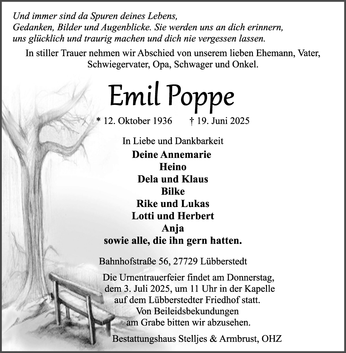 Traueranzeige von Emil Poppe von Osterholzer Kreisblatt