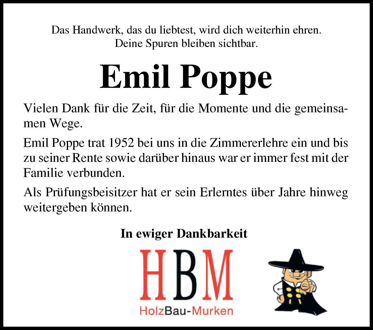 Traueranzeige von Emil Poppe von Osterholzer Kreisblatt