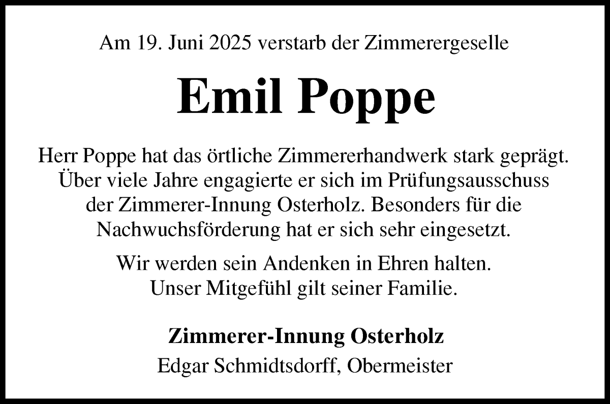 Traueranzeige von Emil Poppe von Osterholzer Kreisblatt