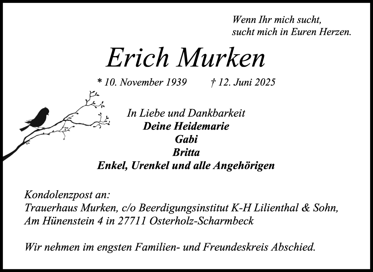 Traueranzeige von Erich Murken von Osterholzer Kreisblatt