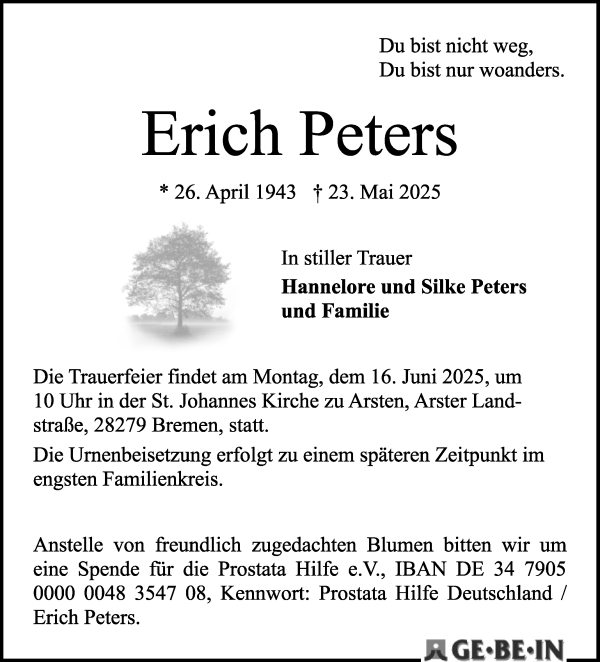 Traueranzeige von Erich Peters von WESER-KURIER