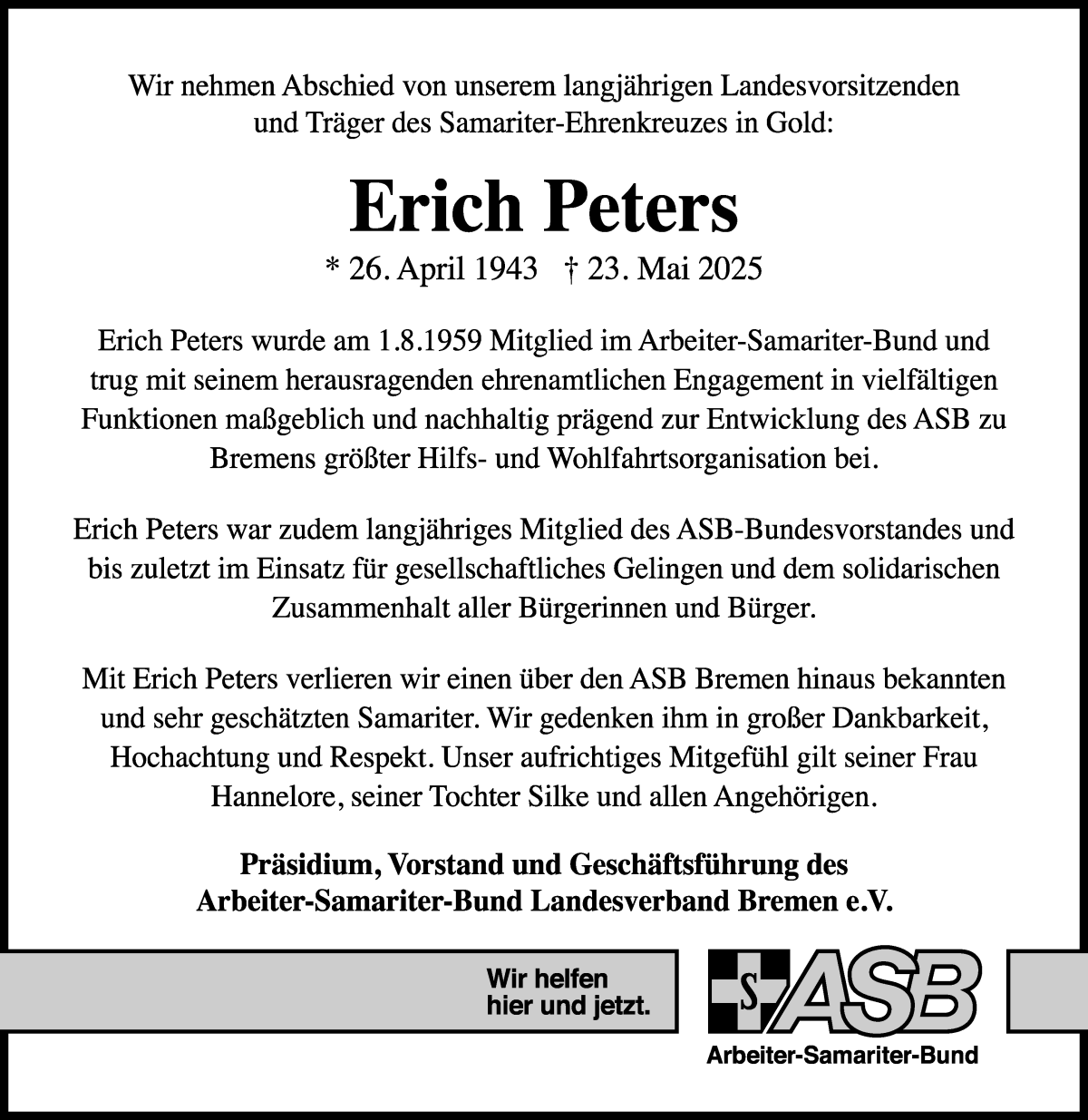 Traueranzeige von Erich Peters von WESER-KURIER