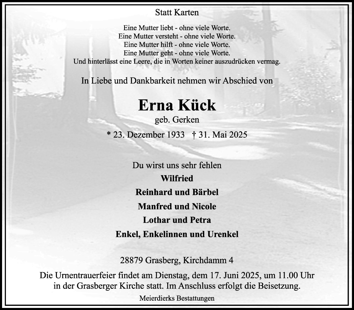 Traueranzeige von Erna Kück von Wuemme Zeitung
