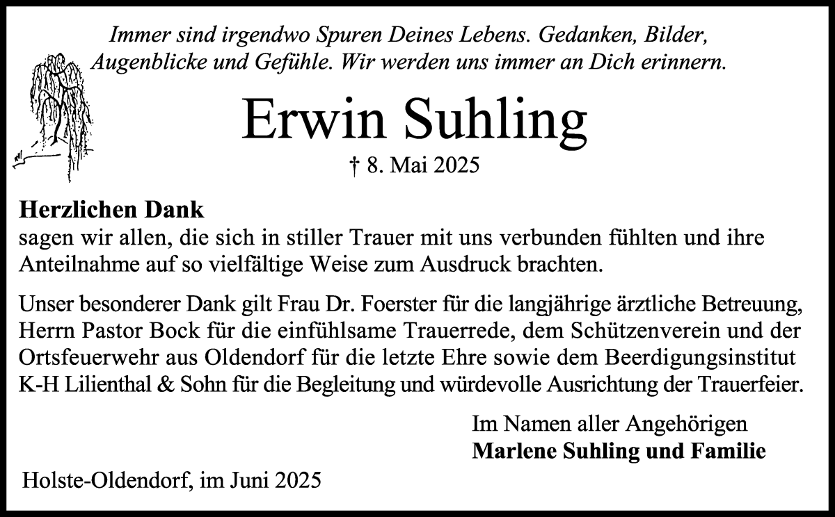 Traueranzeige von Erwin Suhling von Osterholzer Kreisblatt