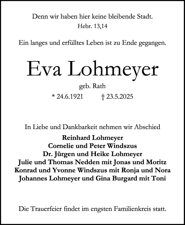 Traueranzeige von Eva Lohmeyer von WESER-KURIER