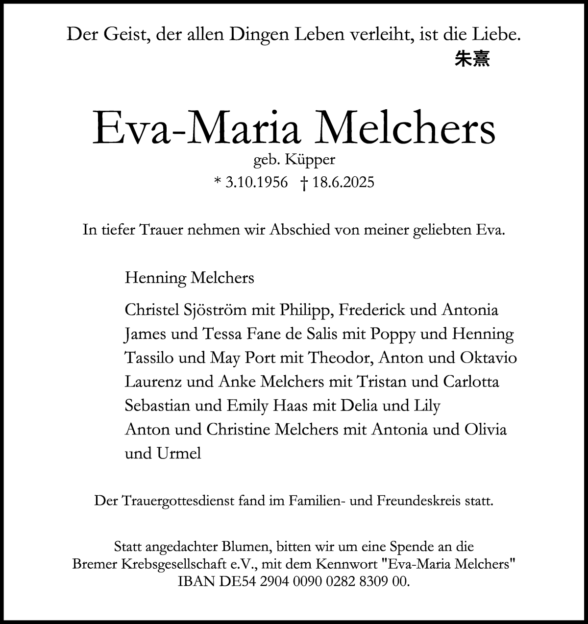 Traueranzeige von Eva-Maria Melchers von WESER-KURIER