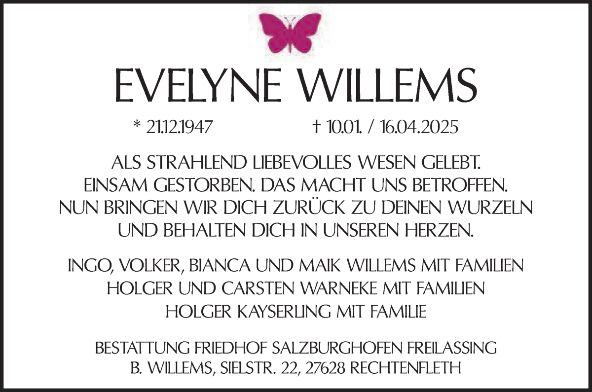 Traueranzeige von Eveline Willems von WESER-KURIER
