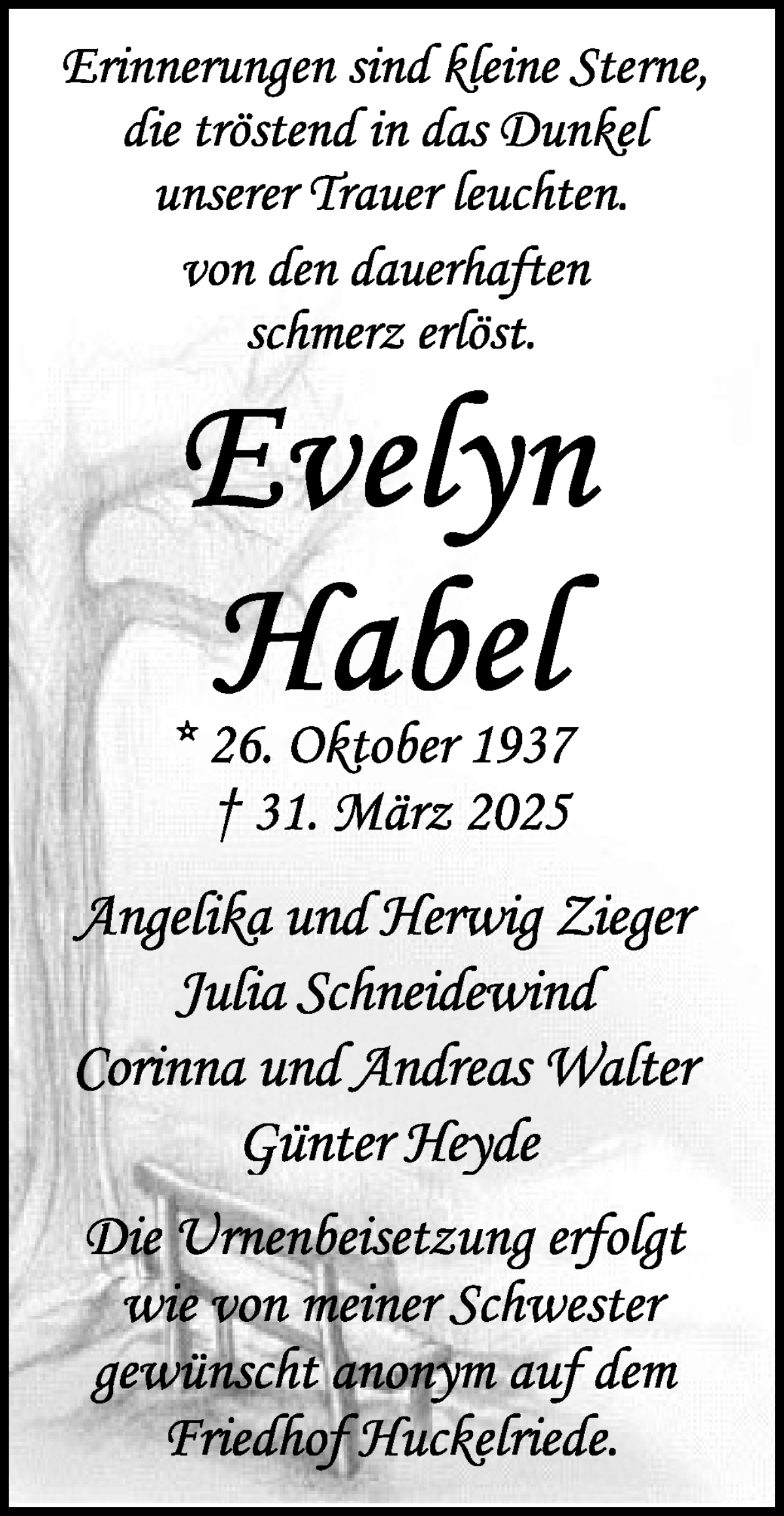Traueranzeige von Evelyn Habel von WESER-KURIER