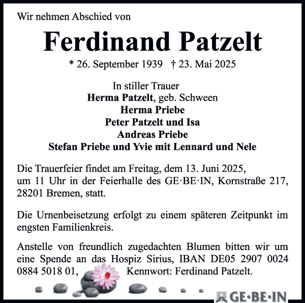 Traueranzeige von Ferdinand Patzelt von WESER-KURIER