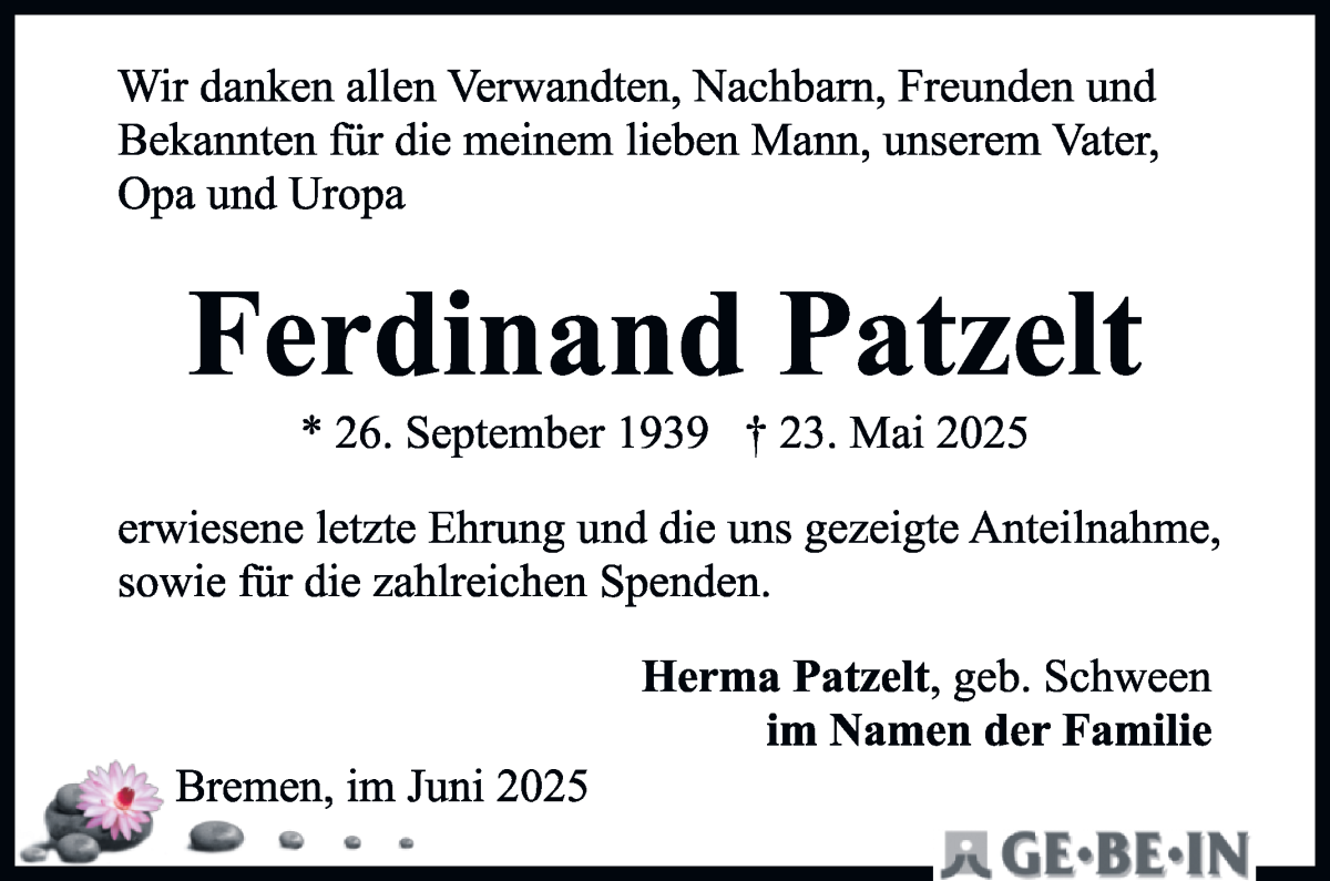 Traueranzeige von Ferdinand Patzelt von WESER-KURIER