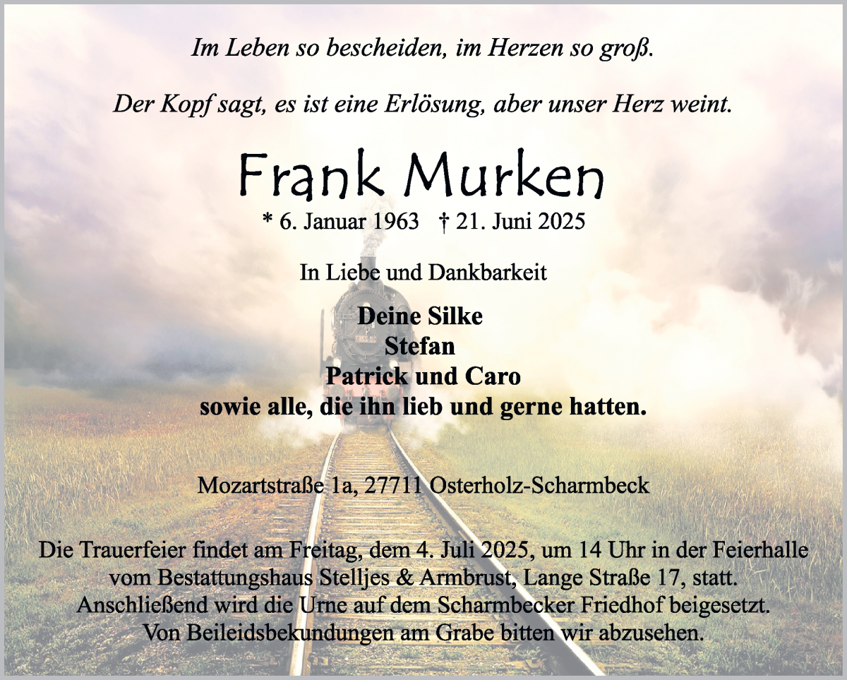 Traueranzeige von Frank Murken von Osterholzer Kreisblatt