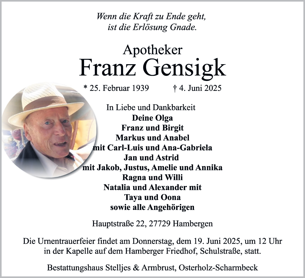 Traueranzeige von Franz Gensigk von Osterholzer Kreisblatt