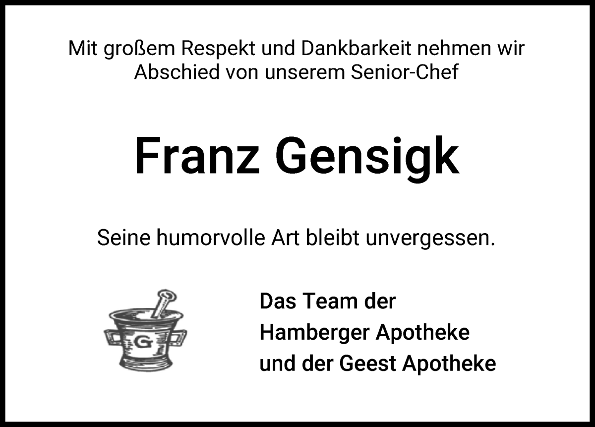 Traueranzeige von Franz Gensigk von Osterholzer Kreisblatt