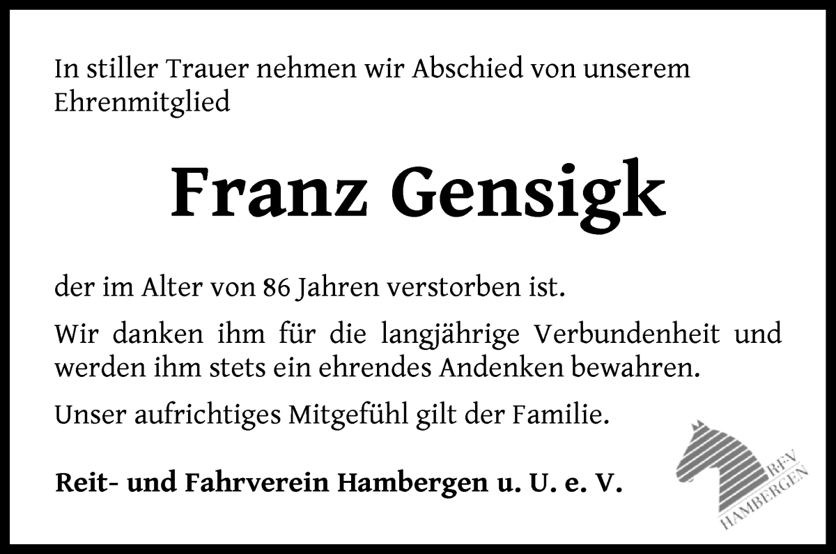 Traueranzeige von Franz Gensigk von Osterholzer Kreisblatt