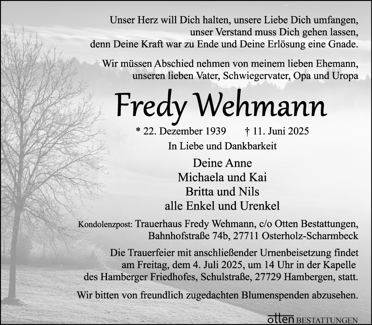 Traueranzeige von Fredy Wehmann von Osterholzer Kreisblatt