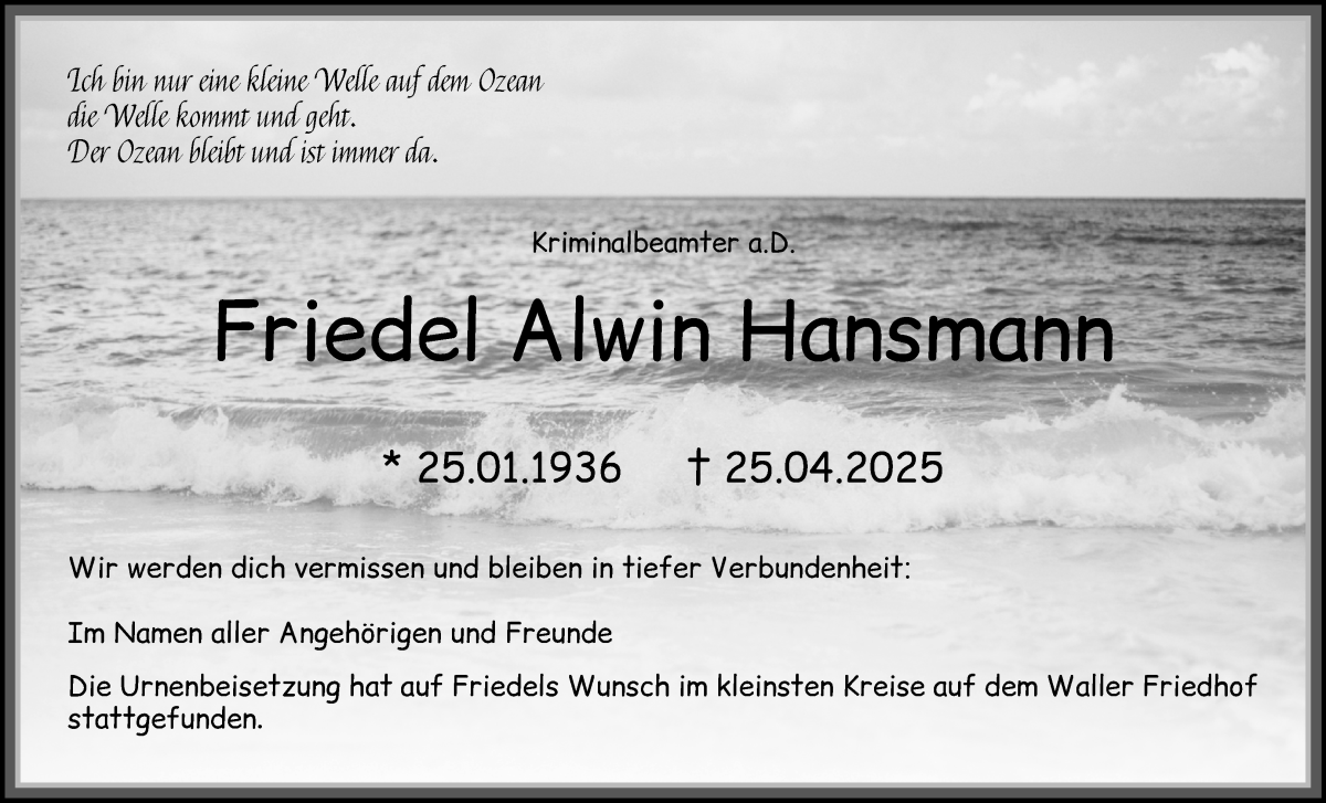 Traueranzeige von Friedel Alwin Hansmann von WESER-KURIER