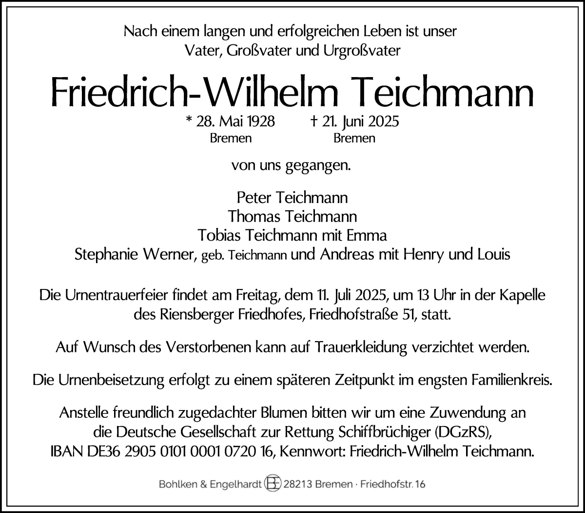 Traueranzeige von Friedrich-Wilhelm Teichmann von WESER-KURIER
