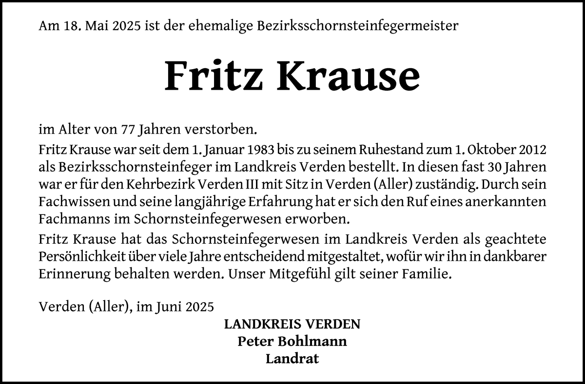Traueranzeige von Fritz Krause von Achimer Kurier/Verdener Nachrichten