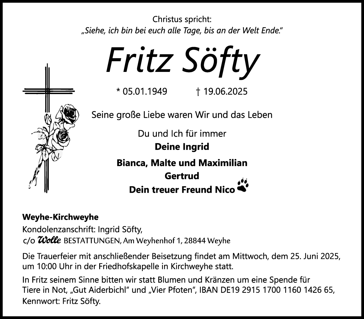 Traueranzeige von Fritz Söfty von Regionale Rundschau/Syker Kurier