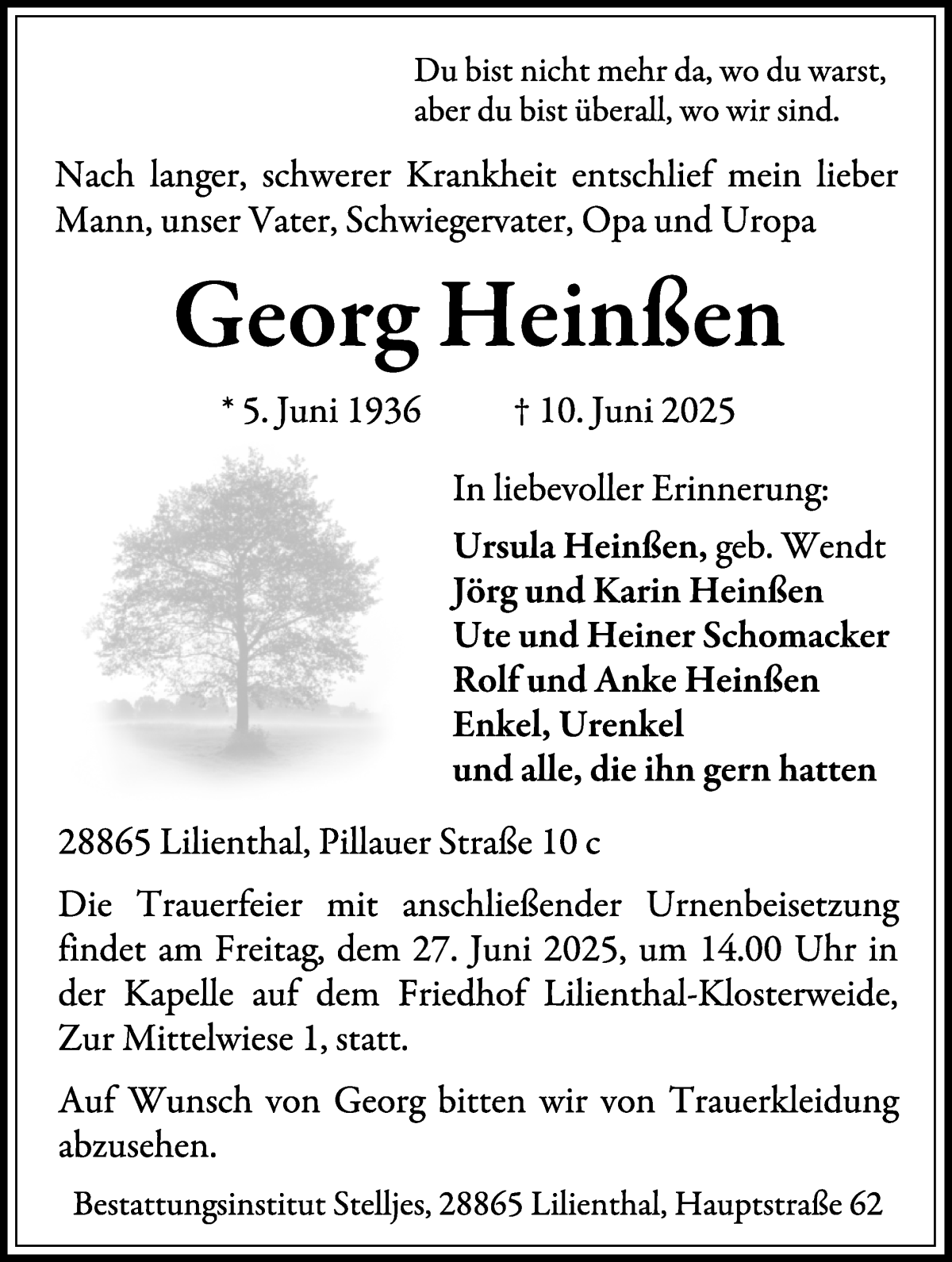 Traueranzeige von Georg Heinßen von Wuemme Zeitung