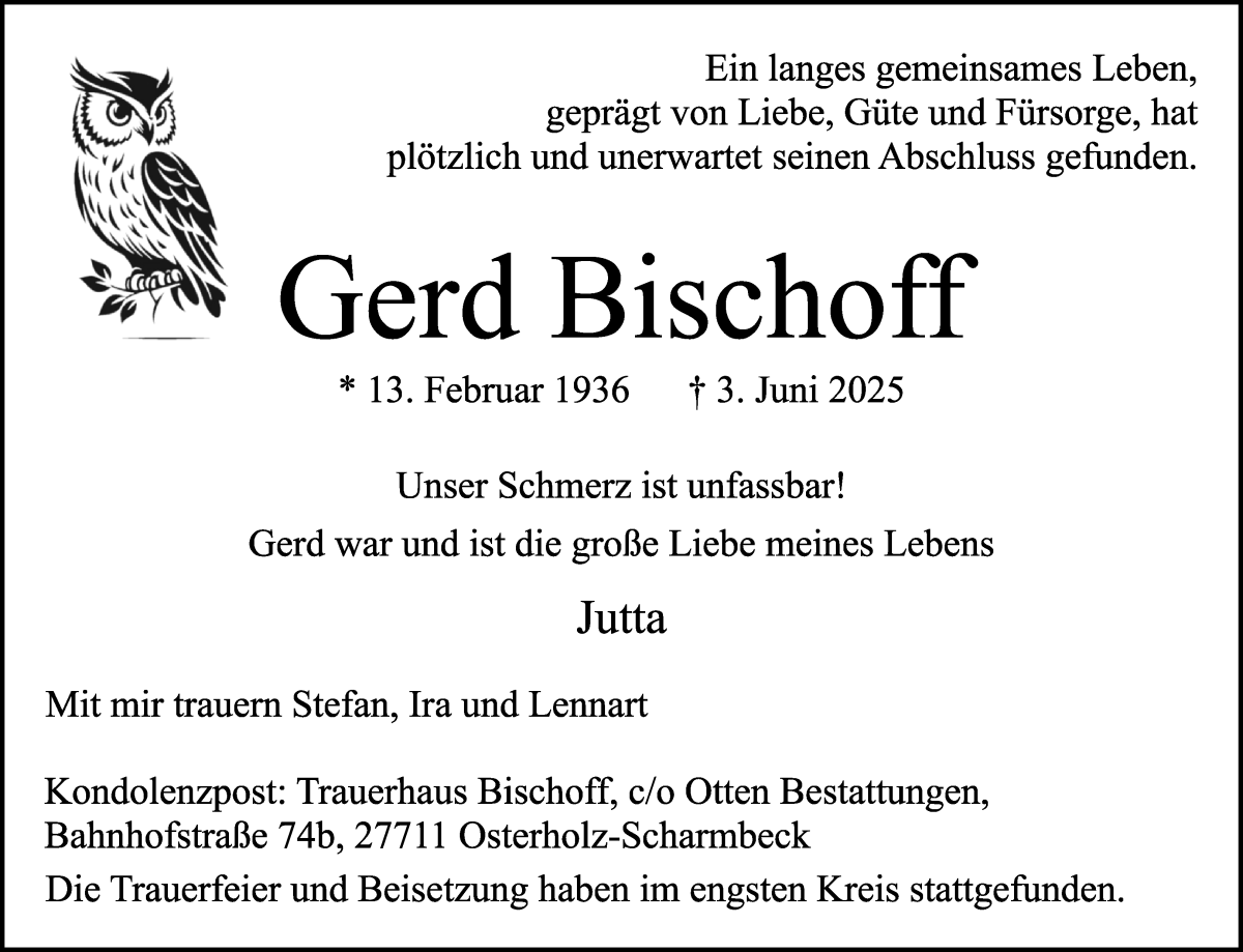 Traueranzeige von Gerd Bischoff von Osterholzer Kreisblatt