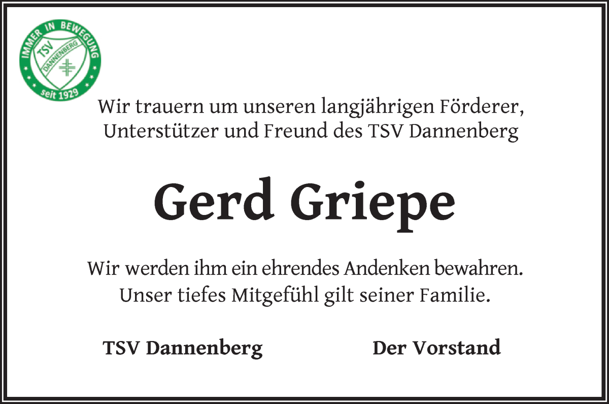 Traueranzeige von Gerd Griepe von Wuemme Zeitung