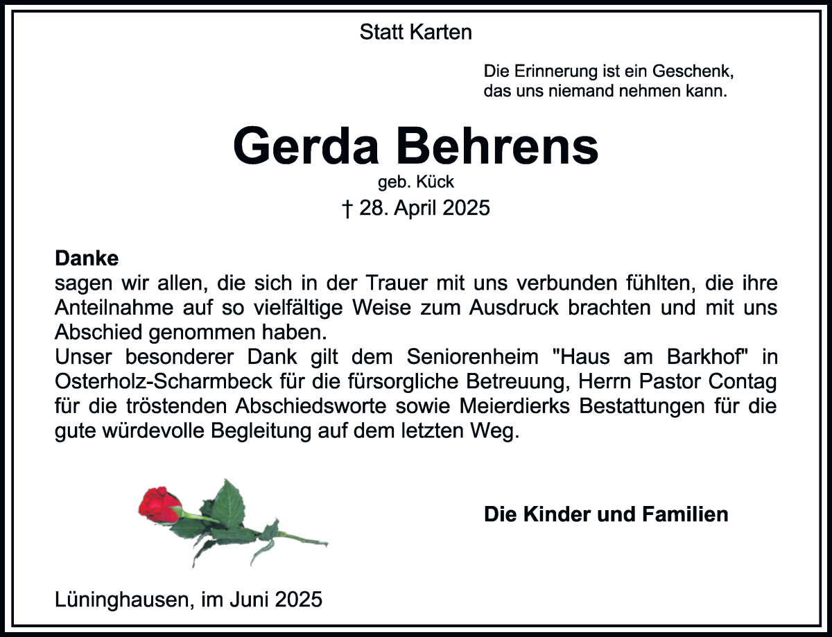Traueranzeige von Gerda Behrens von Wuemme Zeitung