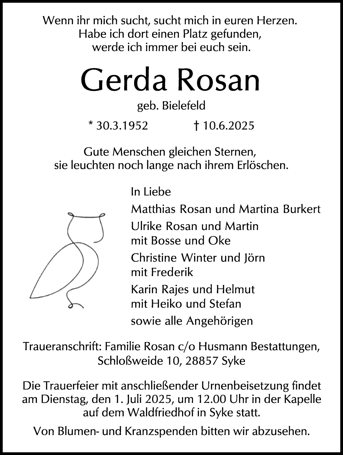 Traueranzeige von Gerda Rosan von WESER-KURIER