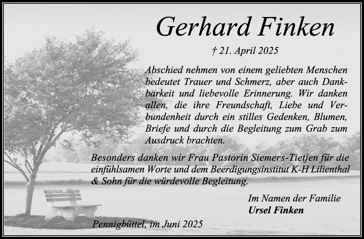 Traueranzeige von Gerhard Finken von Osterholzer Kreisblatt