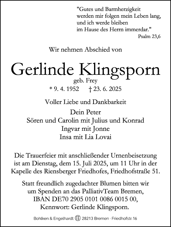 Traueranzeige von Gerlinde Klingsporn von WESER-KURIER