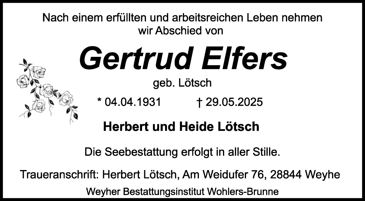 Traueranzeige von Gertrud Elfers von WESER-KURIER