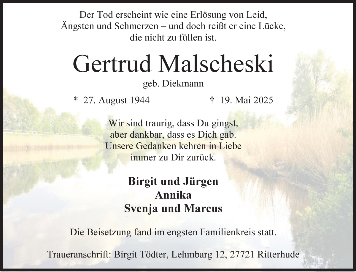 Traueranzeige von Gertrud Malscheski von Osterholzer Kreisblatt