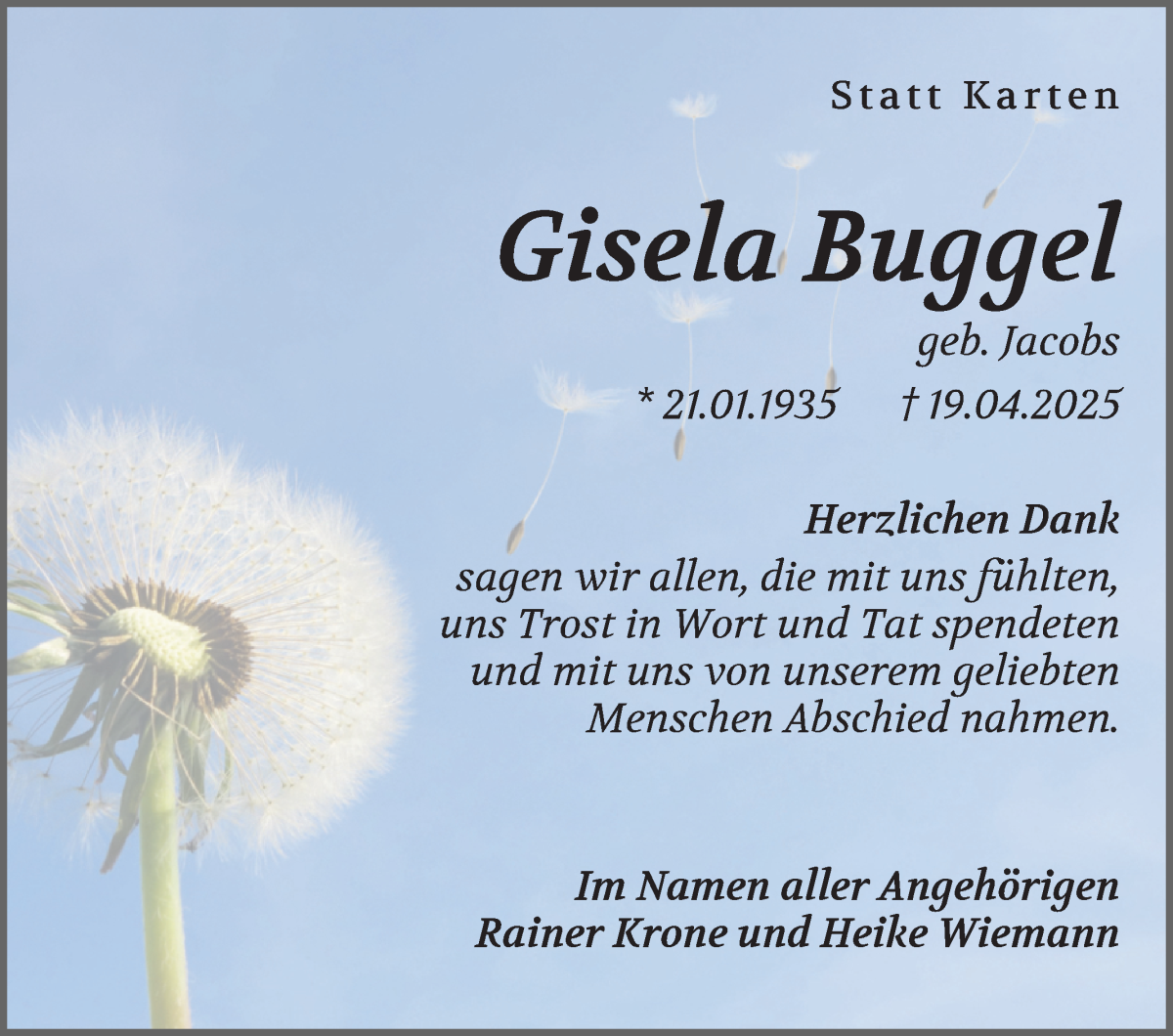 Traueranzeige von Gisela Buggel von Osterholzer Kreisblatt