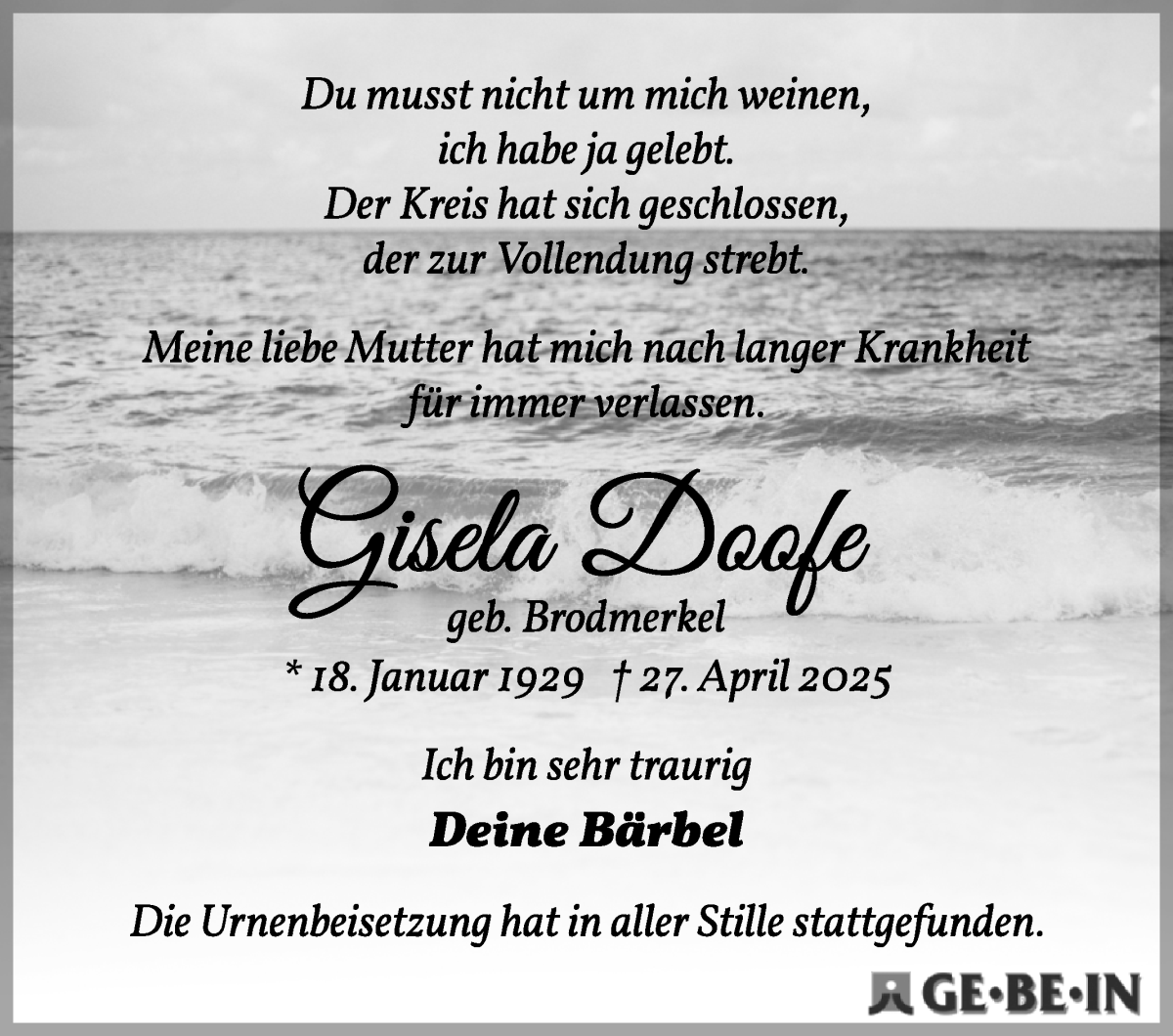 Traueranzeige von Gisela Doofe von WESER-KURIER