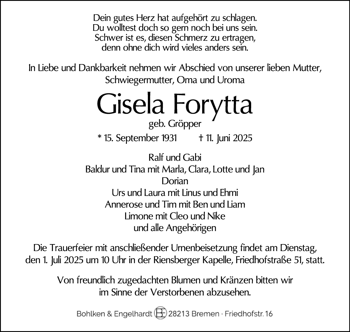 Traueranzeige von Gisela Forytta von WESER-KURIER
