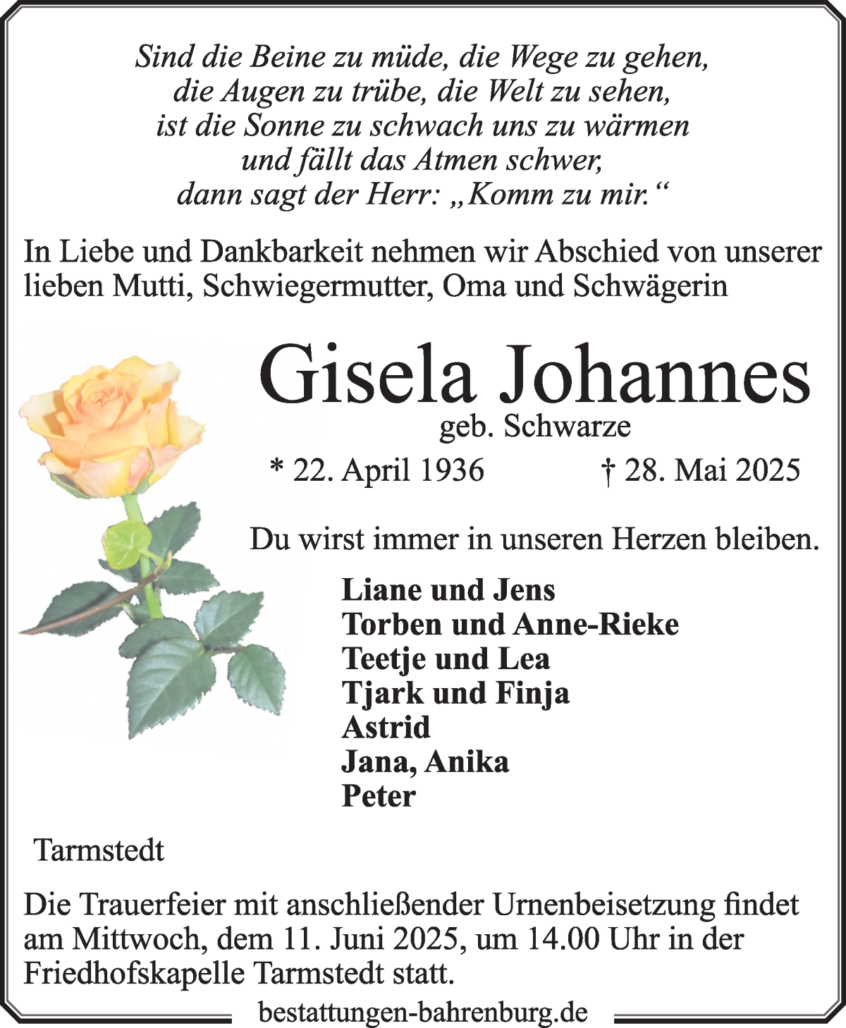 Traueranzeige von Gisela Johannes von Wuemme Zeitung
