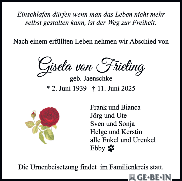 Traueranzeige von Gisela von Frieling von WESER-KURIER
