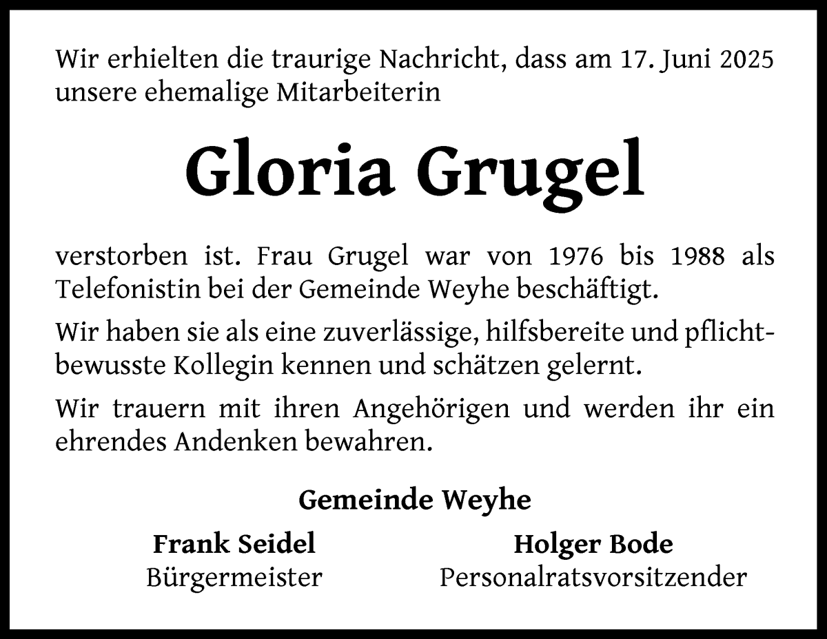Traueranzeige von Gloria Grugel von Regionale Rundschau/Syker Kurier