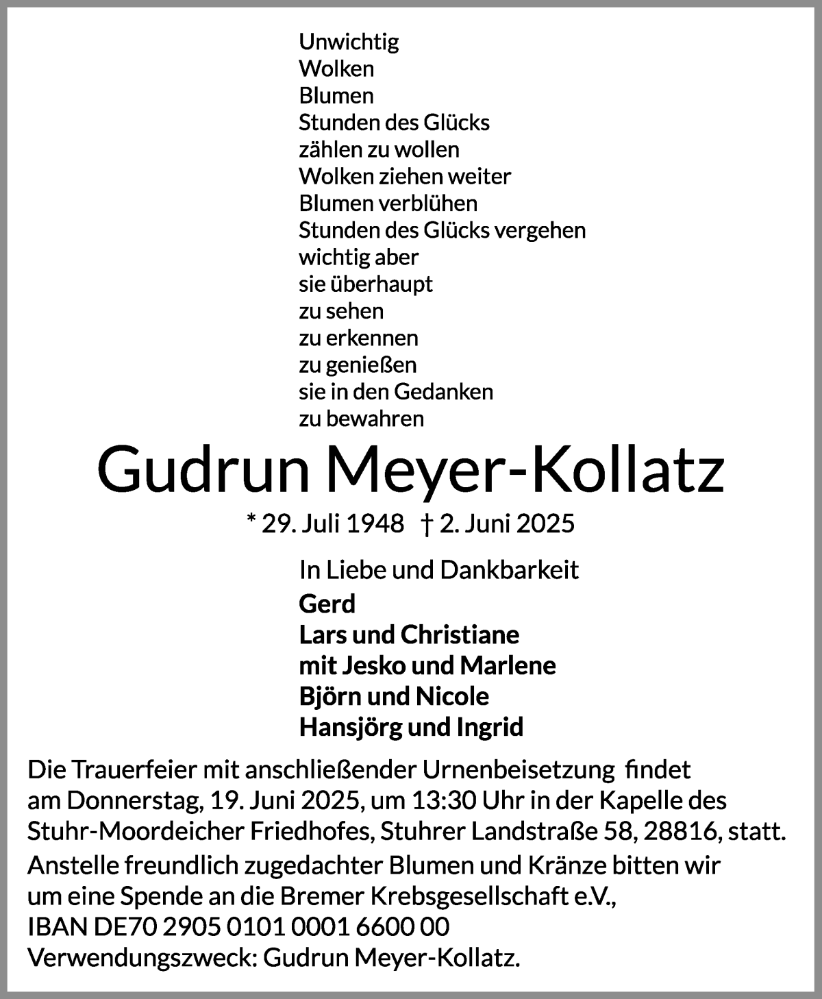 Traueranzeige von Gudrun Meyer-Kollatz von WESER-KURIER
