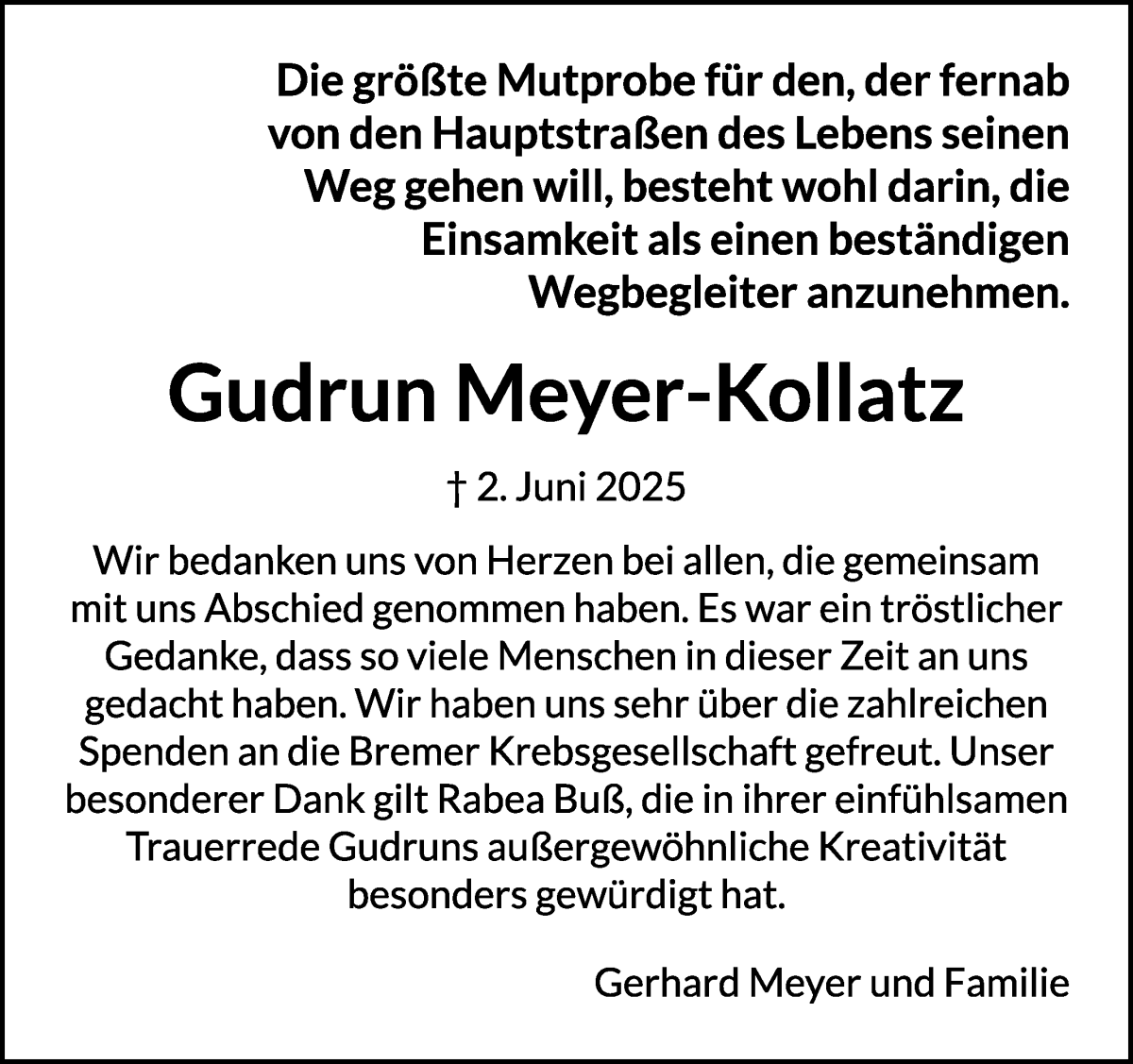 Traueranzeige von Gudrun Meyer-Kollatz von Regionale Rundschau/Syker Kurier