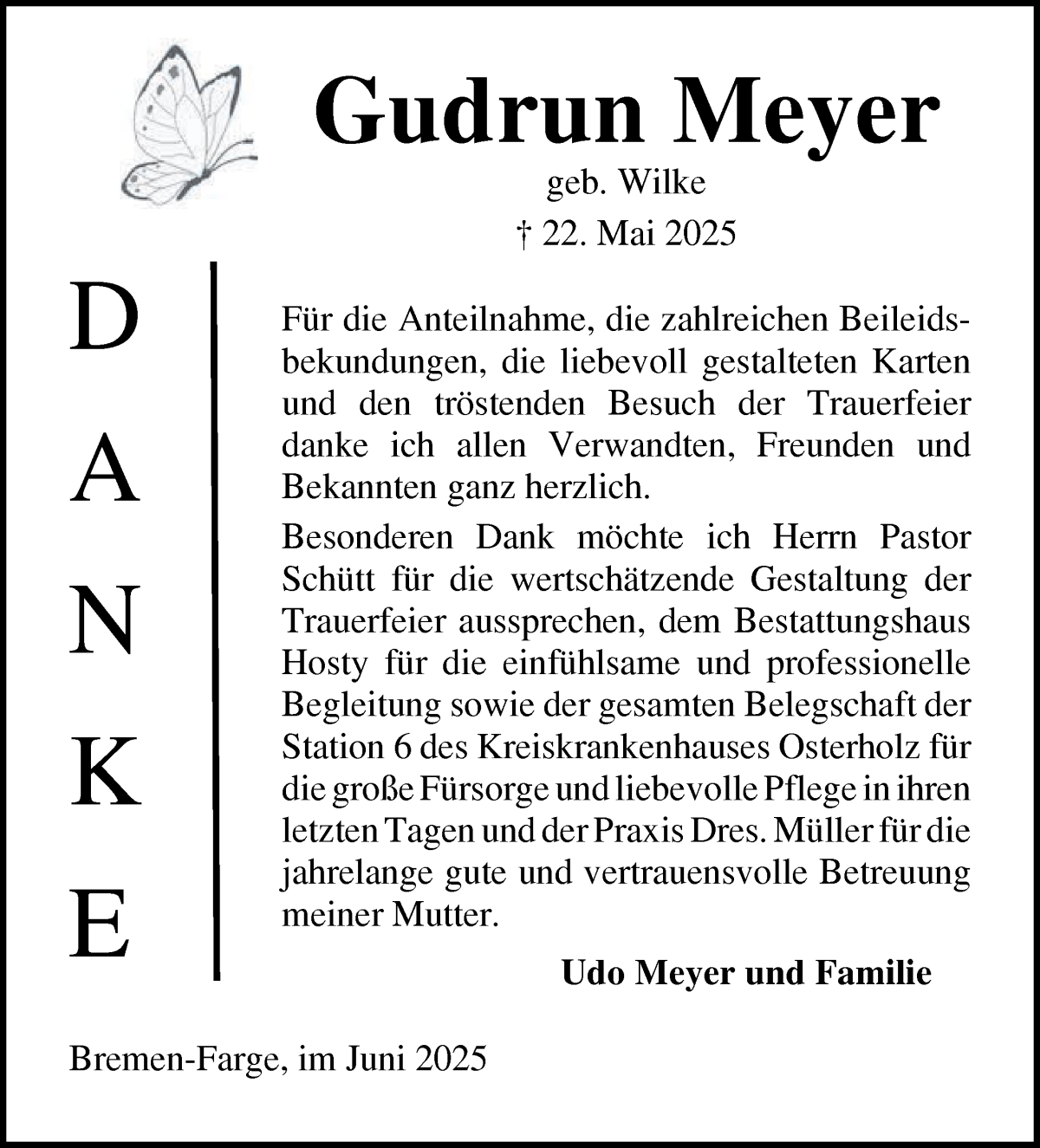 Traueranzeige von Gudrun Meyer von Die Norddeutsche