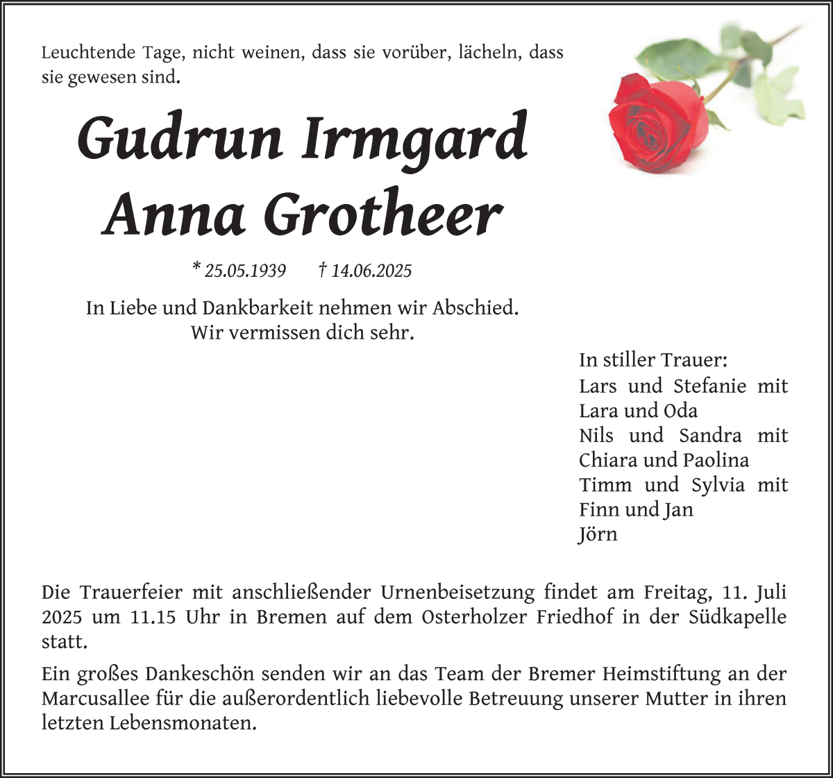 Traueranzeige von Gudrun Irmgard Anna Grotheer von WESER-KURIER