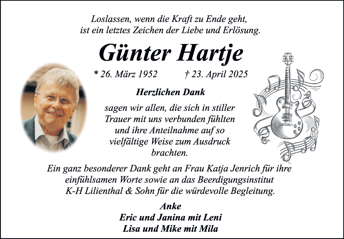 Traueranzeige von Günter Hartje von Osterholzer Kreisblatt