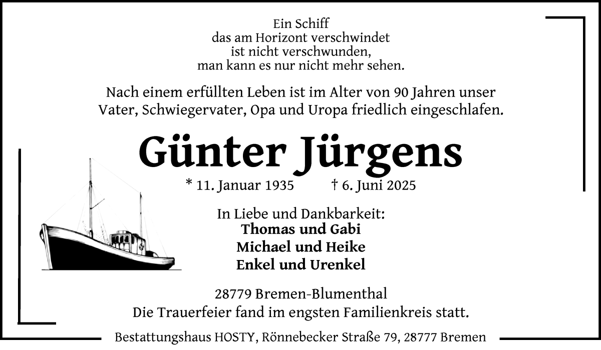 Traueranzeige von Günter Jürgens von Die Norddeutsche