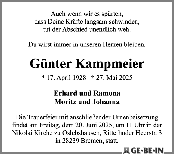 Traueranzeige von Günter Kampmeier von WESER-KURIER