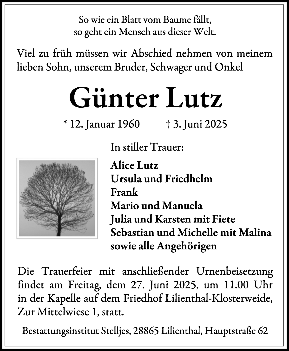 Traueranzeige von Günter Lutz von Wuemme Zeitung