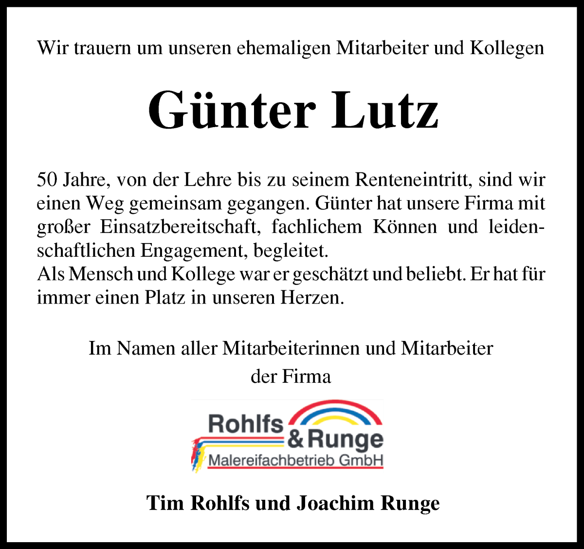 Traueranzeige von Günter Lutz von Wuemme Zeitung