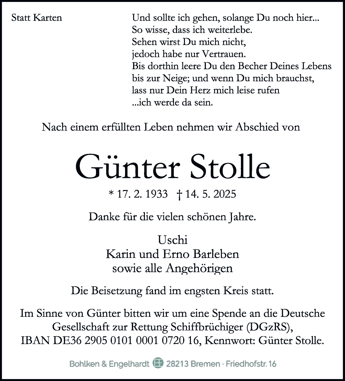 Traueranzeige von Günter Stolle von WESER-KURIER