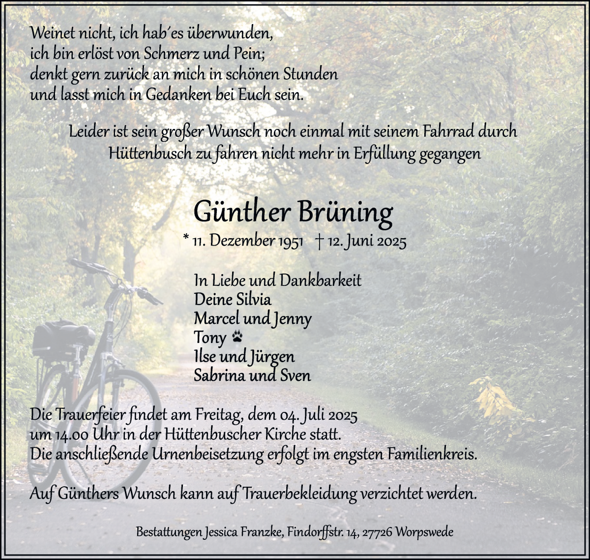 Traueranzeige von Günther Brüning von Wuemme Zeitung