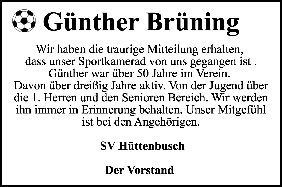 Traueranzeige von Günther Brüning von Wuemme Zeitung